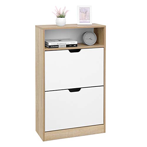 Shoe Cabinet with 2 Flaps, Shoe Rack with an Open Shelf, Melamine Veneer, Easy to Clean, 60 x 24 x 102 cm, White and Natural