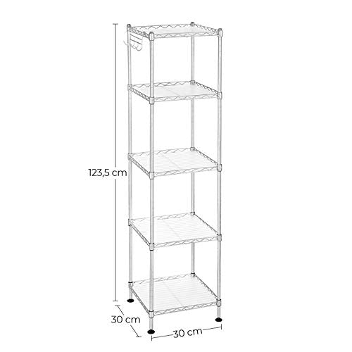 Bathroom Shelf, Metal Storage Rack, Total Load Capacity 100 kg, with 5 PP Sheets, Removable Hooks, 30 x 30 x 123.5 cm, Expandable Design, for Small Space, Silver and Translucent