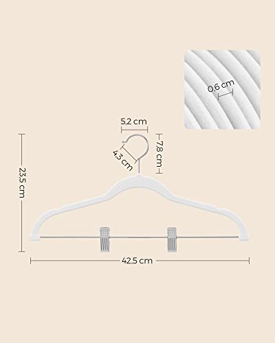 Trouser Hangers, Set of 12 Velvet Hangers with Adjustable Clips, 42.5 cm Long, Non-Slip, Space-Saving, for Skirts, Coats, Dresses, White