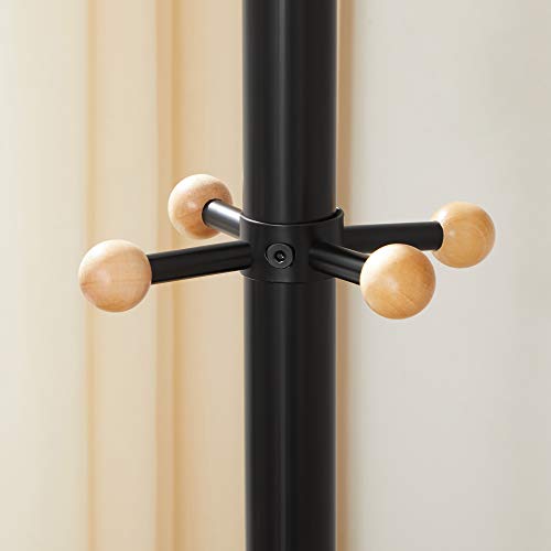 Coat Rack, Freestanding Metal Coat Tree, 11 Hooks with Wooden Ends, for Coats, Hats, Bags, 53.5 x 53.5 x 173 cm, Black