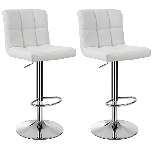 Set of 2 Bar or Kitchen Stools in Faux Leather, Adjustable and 360° Swivel, with Backrest and Footrest, Chromed Steel Structure, White