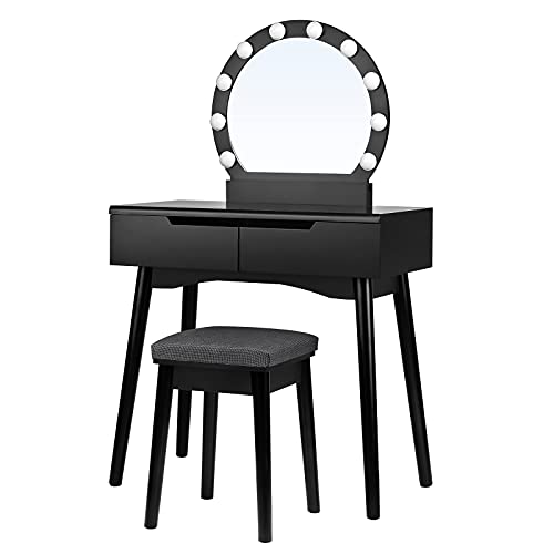 Dressing Table Set with Mirror and Light Bulbs for Makeup, Vanity Table with 2 Large Sliding Drawers and Cushioned Stool, Black