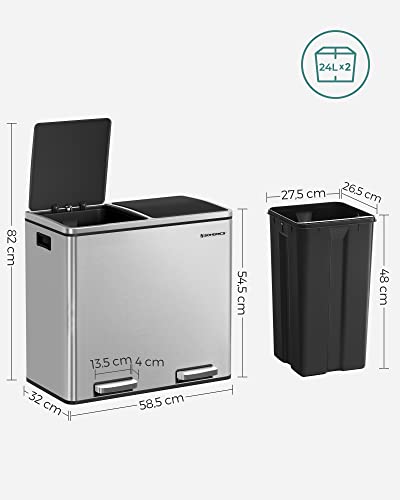 Recycling Bin, Double Trash Can, 2 x 24L, with 2 Compartments, Soft-Close Lids, Pedals, Plastic Inner Buckets and Carry Handles, Silver