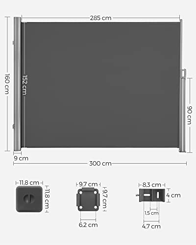 1.6 x 3 m (H x L), Side Awning for Balcony, Patio, Terrace, and Garden, with Floor Mounting, Privacy Protection, Sun Shade, Side Blind, Smoky Grey 