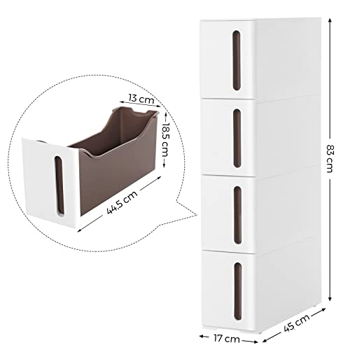 Plastic Storage Drawers, Narrow Storage Trolley on Wheels, 4-Drawer Storage Unit Tower for Bathroom Kitchen, Space-Saving, 45 x 17 x 83 cm, White and Brown