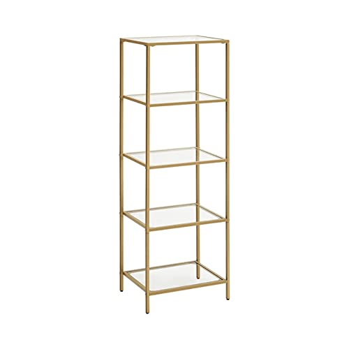 Shelf Unit, 5-Tier Ladder Shelving Unit, Slim Glass Shelf for Bedroom, Bathroom, Home Office, Tempered Glass, Steel Frame, Gold Colour