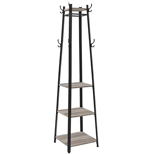 Coat Rack, Coat Stand with 3 Shelves, Ladder Shelf with Hooks for Scarves, Bags and Umbrellas, Steel Frame, Industrial Style, Greige and Black