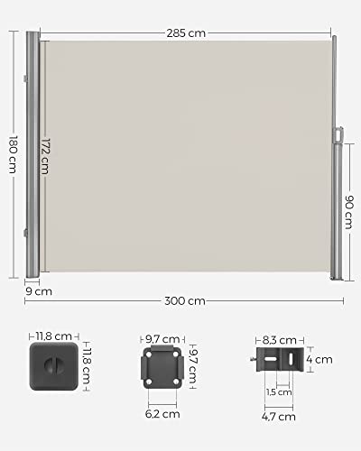 180 x 300 cm (H x W), Side Awning for Balcony and Terrace, TÜV SÜD GS Certificated, Privacy Protection, Sun Shade, Side Blind, Beige