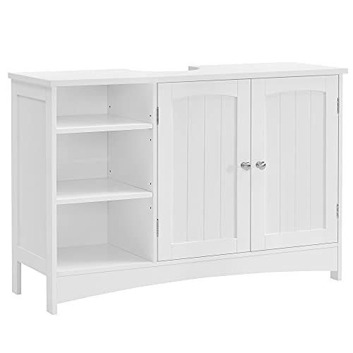 Under Sink Cabinet, Bathroom Sink Cabinet, 90 x 30 x 60 cm, Storage Cupboard with 2 Doors, Open Storage Compartments, Height-Adjustable Shelves, White UK