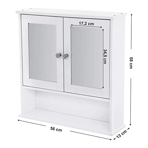 Double Mirror Doors Bathroom Cabinet, Wall Cabinet, Storage Cupboard, Wall-Mounted Storage Unit, Adjustable Height Shelves, 56 x 13 x 58 cm, White