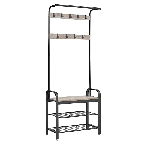 Coat Rack, Coat Stand with Shoe Storage Bench, 4-in-1 Design, with 9 Removable Hooks, a Clothes Rail, for Hallway, Entrance, 33.7 x 77 x 183 cm, Industrial, Greige and Black