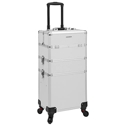 Professional Makeup Case, 3-in-1 Travelling Beauty Trolley, Large Cosmetic Trolley for Hairdressers, Lockable Rolling Makeup Case with 360-Degree Universal Casters, Silver