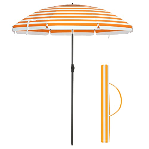 1.6 m Parasol, Beach Umbrella, Sun Protection with UPF 50+, Portable Octagonal Canopy, Tilt Mechanism, Air Vent, Carry Bag, for Beach, Gardens, Balcony, Pool, Orange and White Stripes