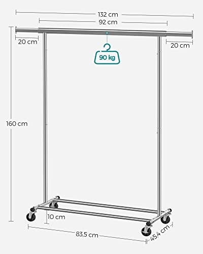 Clothes Rack on Wheels, Heavy Duty Clothes Rail, with Extendable Hanging Rail, 90 kg Load Capacity, Easy Assembly, Portable, Silver