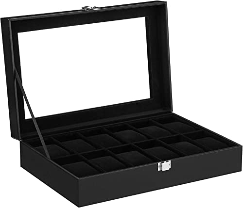 Watch Box with 12 Slots, Watch Case with Glass Lid, Watch Display Box with Removable Watch Pillows, Metal Clasp, Gift Idea, Black Synthetic Leather, Black Lining