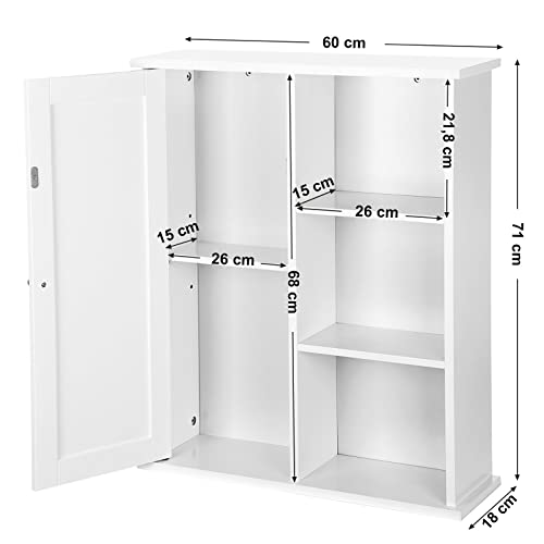 Bathroom Cabinet Wall Storage Organiser Hanging Corner Shelf Medicine Cabinet Wall Mounted No Mirror with One Door Compartments Adjustable Layer White 60 x 18 x 71 cm