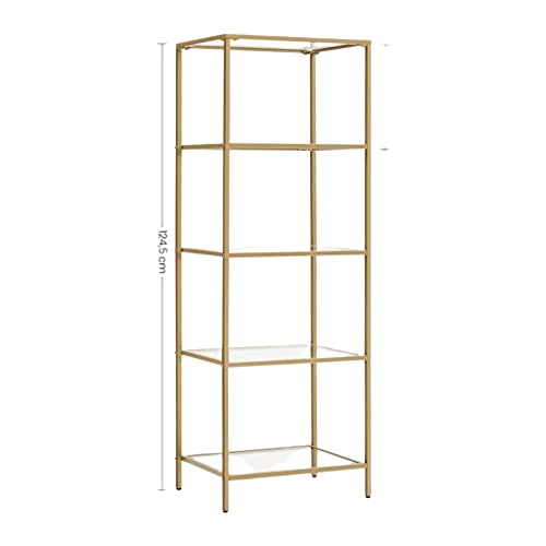 Shelf Unit, 5-Tier Ladder Shelving Unit, Slim Glass Shelf for Bedroom, Bathroom, Home Office, Tempered Glass, Steel Frame, Gold Colour