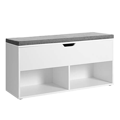 Shoe Bench, Storage Bench with 2 Open and 1 Closed Compartments, Shoe Shelf, Padded Seat, for Entrance Corridor Bedroom, 100 x 30 x 48 cm, White