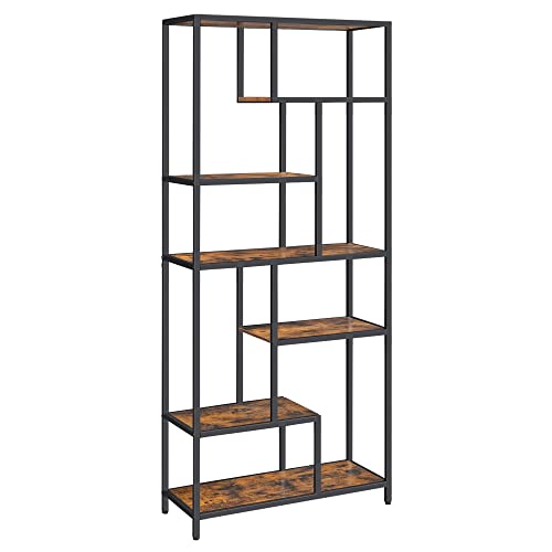 Bookshelf, 6-Tier Bookcase, Geometric Display Shelf, Standing Storage Shelf, 30 x 80 x 180 cm, for Study, Office, Living Room, Bedroom, Kitchen, Rustic Brown and Black