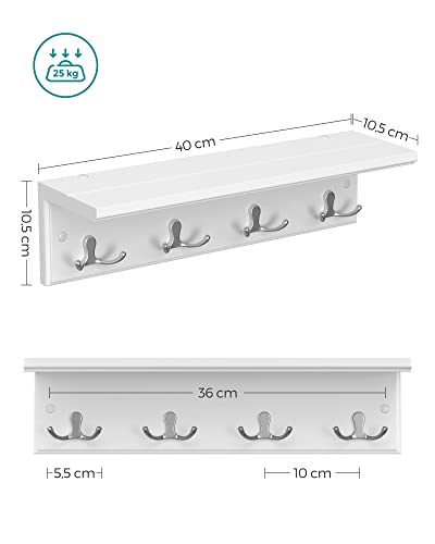 Wall-Mounted Coat Rack with 4 Metal Dual Hooks, Wooden Wall Hook Rack for Bedroom, Entryway, Bathroom, Kitchen, Living Room, White