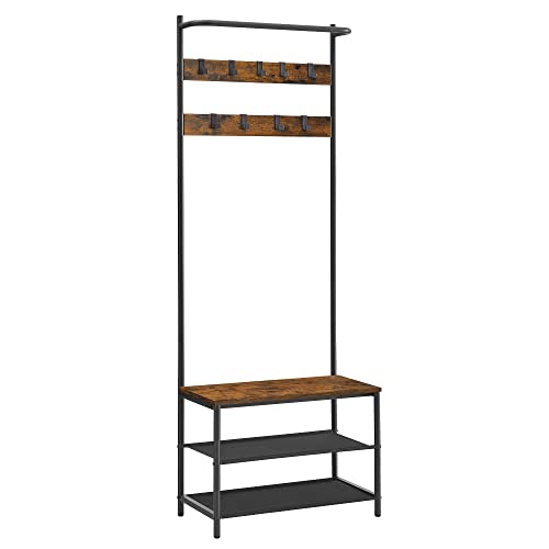 Clothes Rack Coat Rack with 9 Removable Hooks Bench Industrial Design for Hallway Bedroom Vintage Brown Black