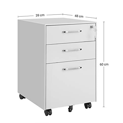 Office Chest of Drawers, Lockable File Cabinet, with 3 Drawers, Castors, for Documents, Stationery and Suspended Folders, for Office and Study, Steel, White