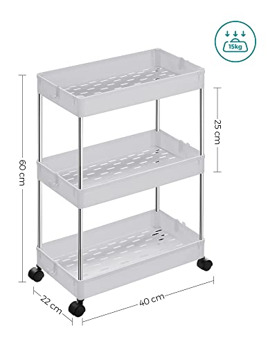 3-Tier Storage Trolley, Kitchen Trolley on Wheels, Narrow Trolley for Kitchen Bathroom Office or Small Spaces, 42 x 22.5 x 61 cm, White