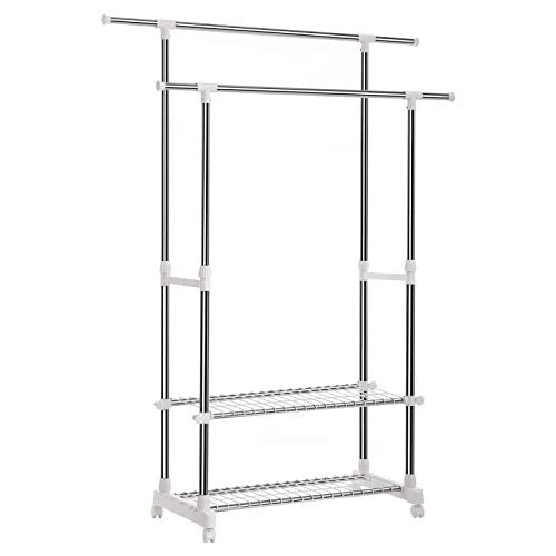 Clothes Rails, Double Hanging Rails with 2-Tier Shelves, Telescopic Extendable Coat Rack with Casters, Stainless Steel Coated Iron Pipes, 154 x 42 x 172 cm by