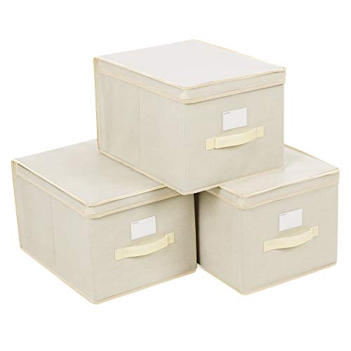 Set of 3 Foldable Storage Boxes with Lids, Fabric Cubes with Label Holders, Storage Bins Organiser, 40 x 30 x 25 cm, Beige