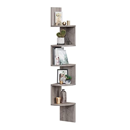 Corner Shelf, 5-tier Floating Wall Shelf With Zigzag Design, Bookshelf, Greige