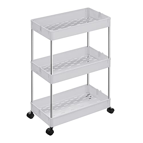 3-Tier Storage Trolley, Kitchen Trolley on Wheels, Narrow Trolley for Kitchen Bathroom Office or Small Spaces, 42 x 22.5 x 61 cm, White