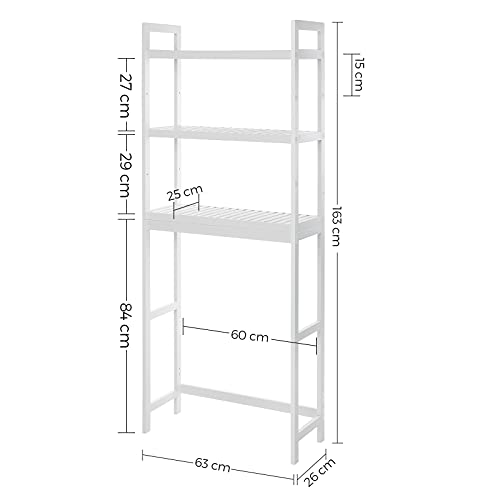 Over-the-Toilet Storage, 3-Tier Bamboo Toilet Rack, Bathroom Organiser with Adjustable Shelves, Multifunctional, Static Load 15 kg per Tier, Easy Assembly, White