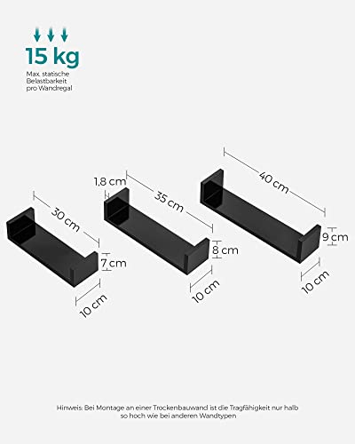 Set of 3 Modern Wall Shelves, Floating Storage Shelving with High Gloss Finish, and Invisible Mounting, Black