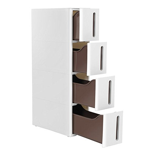 Plastic Storage Drawers, Narrow Storage Trolley on Wheels, 4-Drawer Storage Unit Tower for Bathroom Kitchen, Space-Saving, 45 x 17 x 83 cm, White and Brown