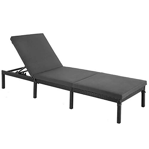 Sun Lounger, Sunbed with 5 cm Thick Mattress, Rattan-Like Surface, Reclining Backrest, 59 x 198 x 28 cm, Load Capacity 150 kg, for Garden, Terrace, Black