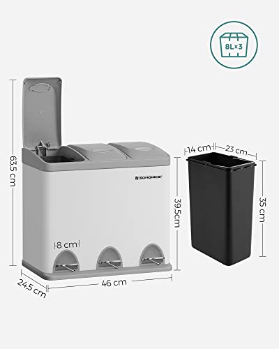 Pedal Bin, 3 x 8L Recycling Bin, 3-Compartment Metal Rubbish Bin, Waste Separation for Kitchen, Includes 15 Bin Bags, Easy to Clean, Steel, White and Grey