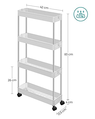 4-Tier Storage Trolley on Wheels, Plastic Storage Unit, Space-Saving Shelving Organiser for Small Spaces, Bathroom Kitchen, 42 x 13.5 x 87 cm, White