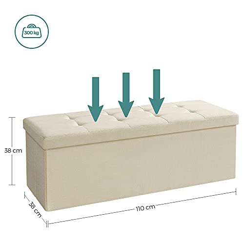 Foldable Storage Ottoman, Tufted Bench, Foot Stool with Lid, Imitation Linen Fabric, 120L, Hold Up to 300 kg, 110 x 38 x 38 cm (L x W x H), Beige