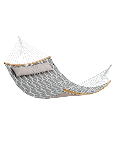 Hammock, Quilted Fabric Hammock with Detachable Curved Bamboo Spreaders, Pillow, 200 x 140 cm, Load Capacity 225 kg, Grey and Beige Rhombus