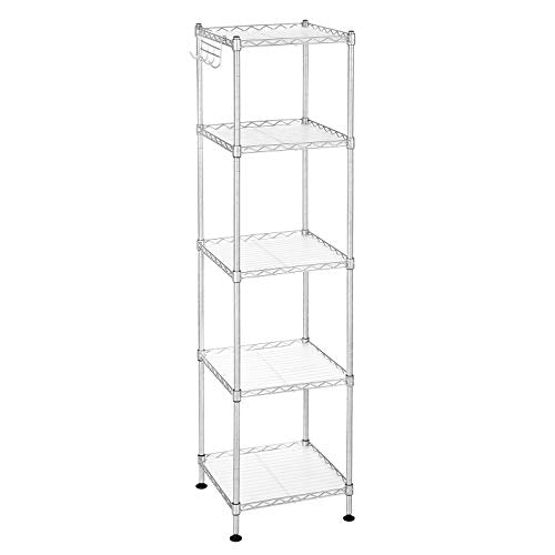 Bathroom Shelf, Metal Storage Rack, Total Load Capacity 100 kg, with 5 PP Sheets, Removable Hooks, 30 x 30 x 123.5 cm, Expandable Design, for Small Space, Silver and Translucent