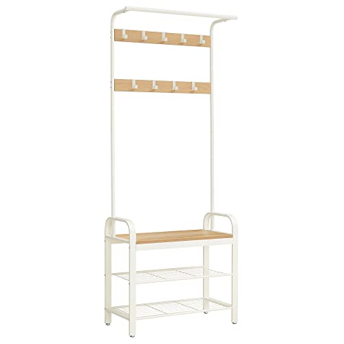 Coat Rack, Coat Stand with Shoe Storage Bench, 4-in-1 Design, with 9 Removable Hooks, a Clothes Rail, for Hallway, Entrance, 33.7 x 77 x 183 cm, Modern, Oak and Cream