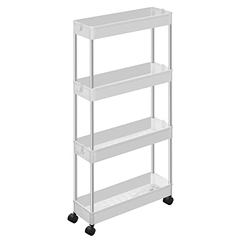 4-Tier Storage Trolley on Wheels, Plastic Storage Unit, Space-Saving Shelving Organiser for Small Spaces, Bathroom Kitchen, 42 x 13.5 x 87 cm, White