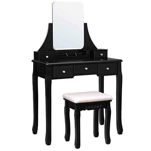 Vanity Set, Dressing Table Set with Large Frameless Mirror for Makeup, 5 Drawers and a Removable Storage Organiser, Cushioned Stool, Black 