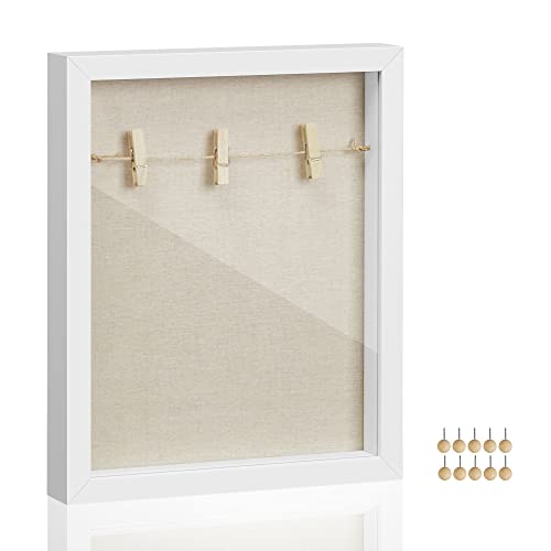 Shadow Box Frame, Picture Frame with Twine, Clothespins, and Stick Pins, for DIY Crafts, Linen Fabric Back, Glass Front, and MDF Border, White