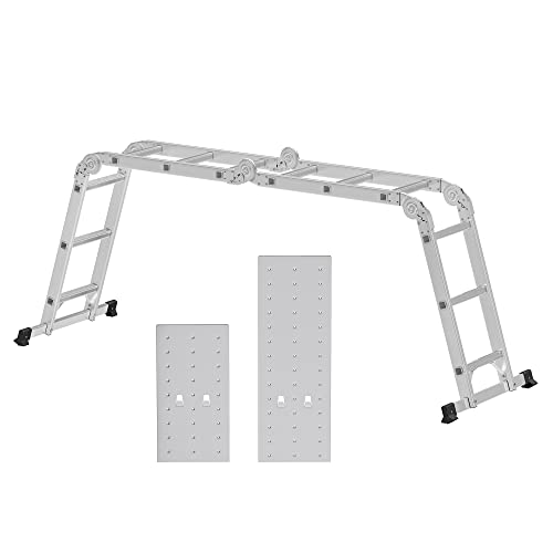 3.5 m Ladder, Multi-Purpose Aluminium Ladder with 2 Metal Plates and 12 Steps, Articulated, Holds up to 150 kg, Silver