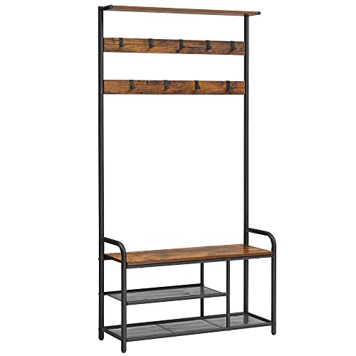 Coat Rack with Shoe Bench, 9 Removable Hooks, Top Shelf for Entrance, Hallway, Bedroom, Rustic Brown and Black