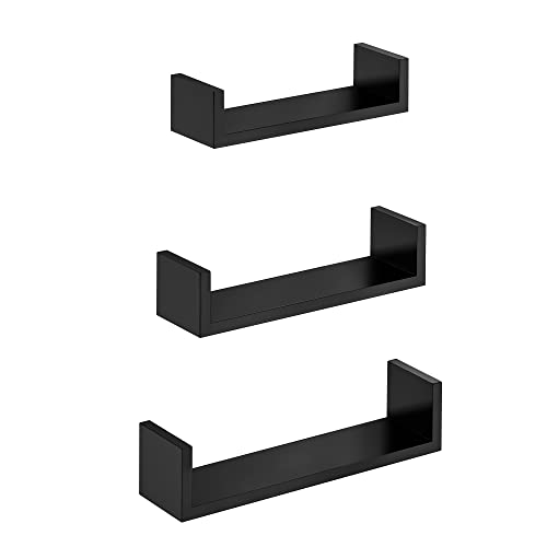 Set of 3 Modern Wall Shelves, Floating Storage Shelving with High Gloss Finish, and Invisible Mounting, Black