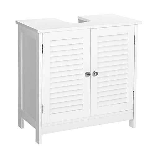 Bathroom Under Sink Cabinet, Floor Cabinet Double Door, 60 x 30 x 60 cm, Storage Unit, Cupboard with 2 Louvered Doors, Adjustable Shelf, Handles, Scandinavian Nordic Style, Matte White