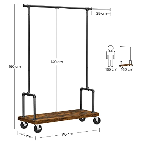 Clothes Rail, Heavy-Duty Clothes Rack with Extendable Hanging Rail, Shelf and Wheels, Industrial Pipe Design, Rustic Brown and Black