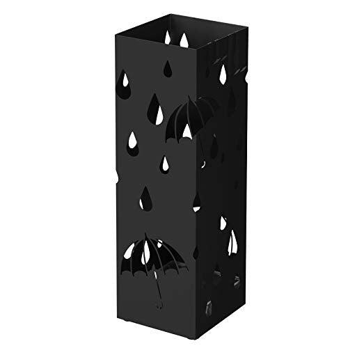 Metal Umbrella Stand, Square Umbrella Holder with Drip Tray and 4 Hooks, 15.5 x 15.5 x 49 cm, Black